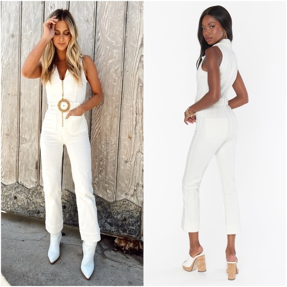 SHOW ME YOUR MUMU Jacksonville Cropped Jumpsuit In Pearly White Denim - Picture 1 of 10